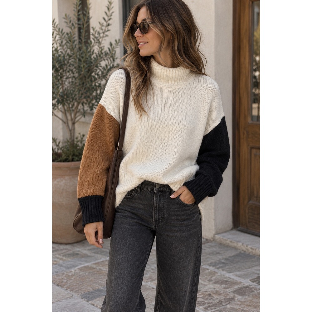 FRAME Colorblock Wool-Blend Turtleneck Sweater — Size S